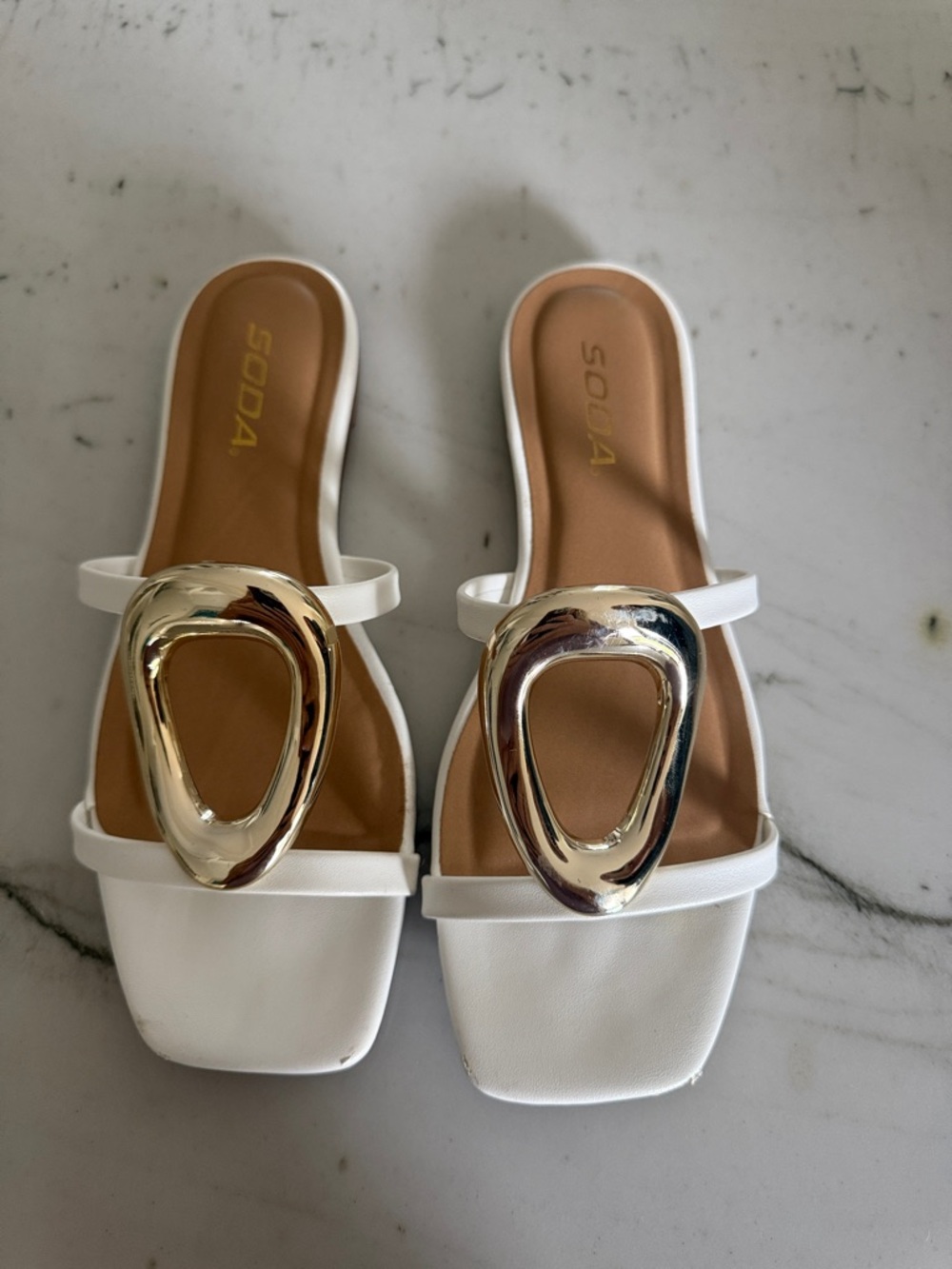 Soda White Slide Sandals with Gold Loop Accent
